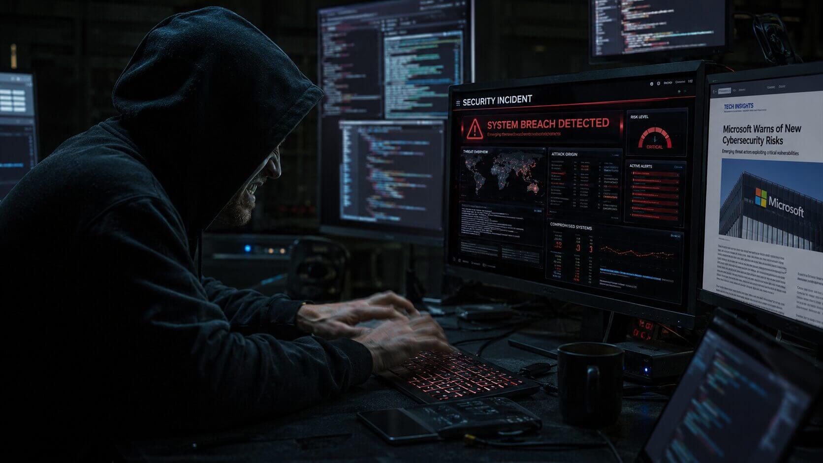Hacker con capucha escribiendo frente a monitores con alertas de ciberseguridad, en una escena que ilustra Exploit Wednesday y el riesgo para empresas que usan sistemas Microsoft.