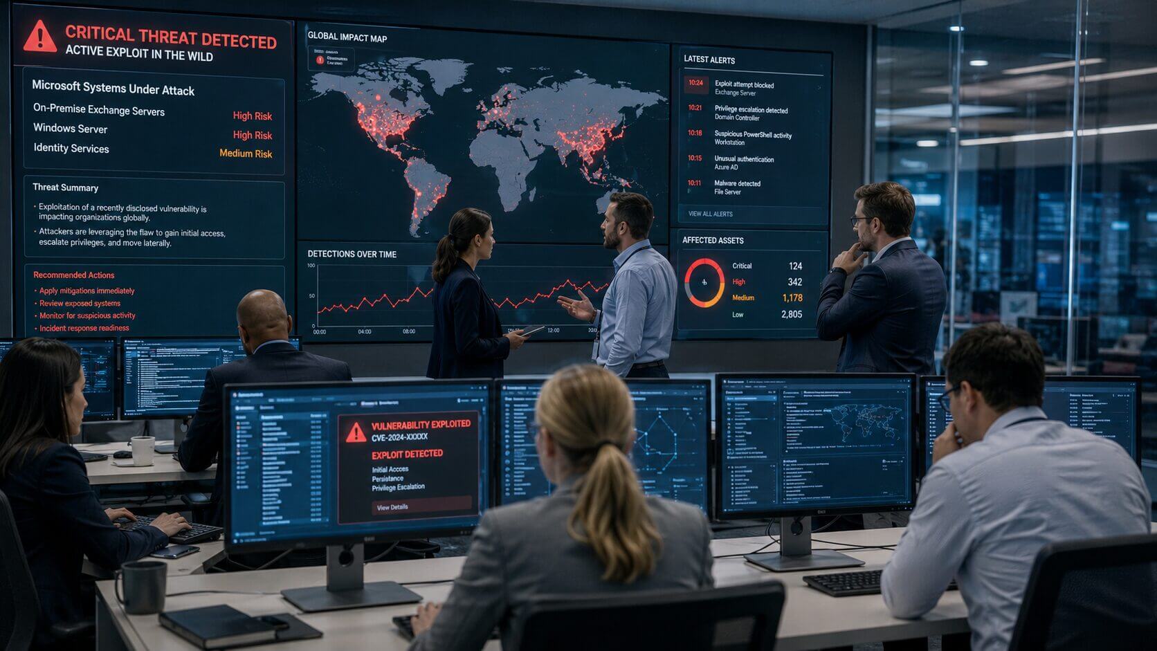 Equipo de ciberseguridad en un centro de operaciones monitoreando alertas globales de Exploit Wednesday, vulnerabilidades activas y sistemas empresariales bajo riesgo.