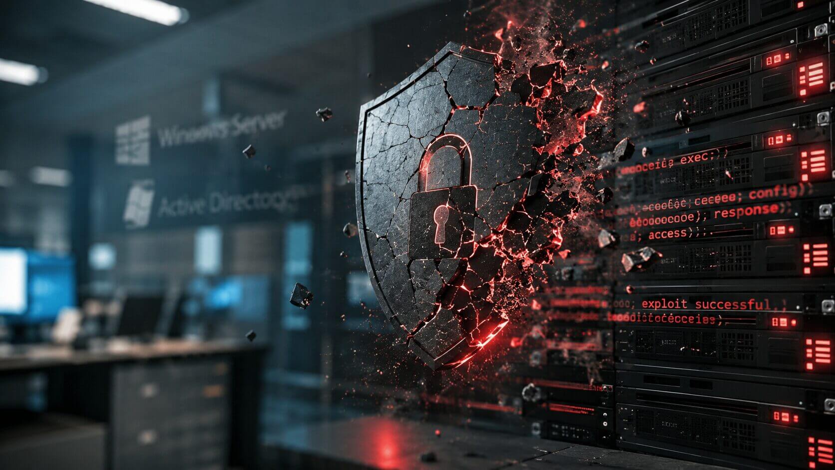 Escudo digital agrietado frente a servidores con luces de alerta, representando Exploit Wednesday y una nueva superficie de riesgo para infraestructuras empresariales.