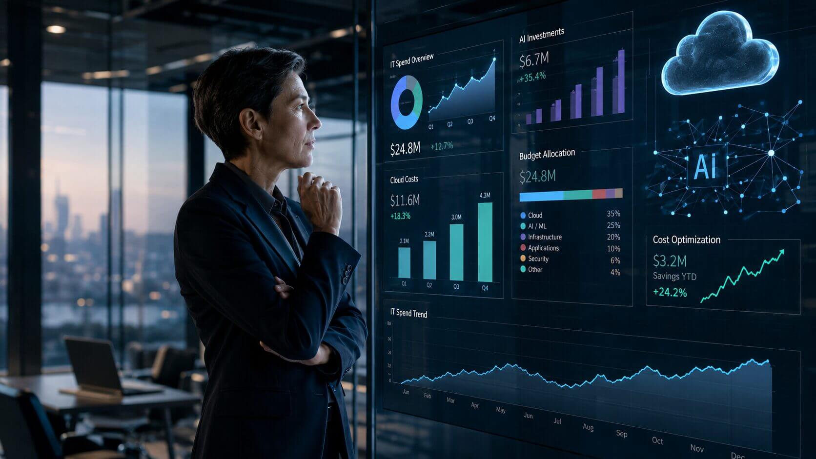 CIO observa un dashboard ejecutivo con métricas de optimización de costos IT, gasto cloud, inversiones en IA y asignación presupuestaria en una oficina corporativa.