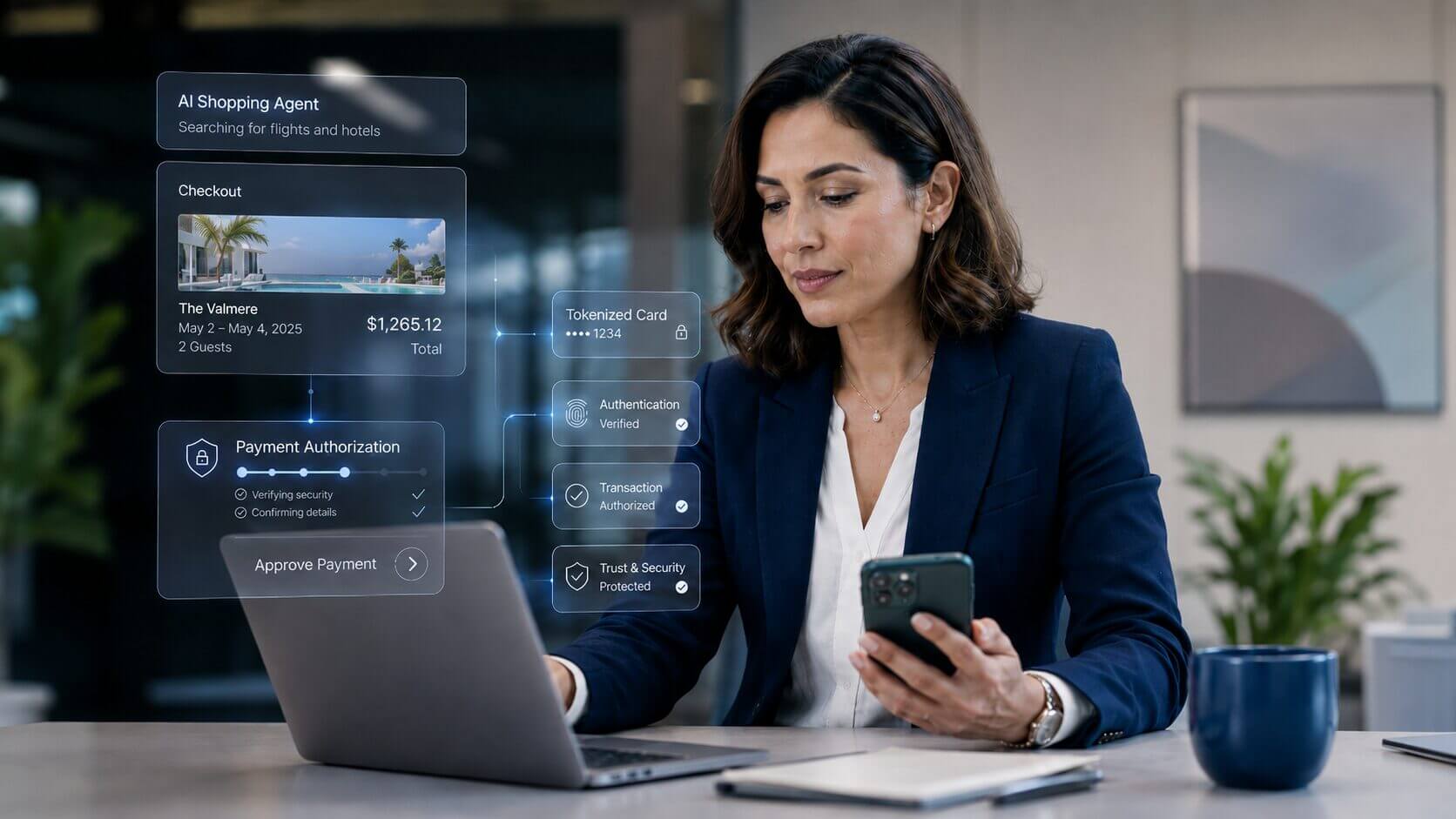 Ejecutiva revisa en una laptop y un celular un flujo de pago seguro de Agentic Ready, con interfaces de agente de IA, tokenización, autenticación y autorización de transacciones.