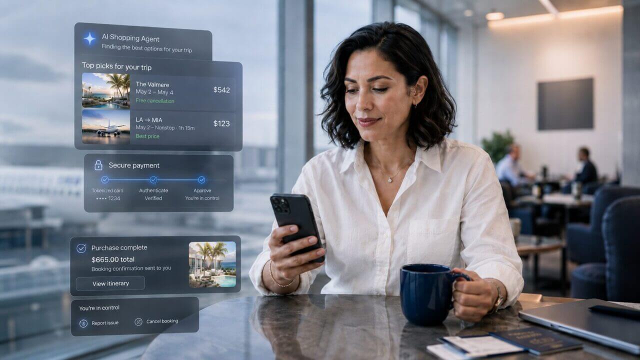 Mujer en un lounge consulta su celular mientras un agente de IA compara vuelos, hoteles y completa un pago tokenizado dentro de una experiencia vinculada a Agentic Ready.