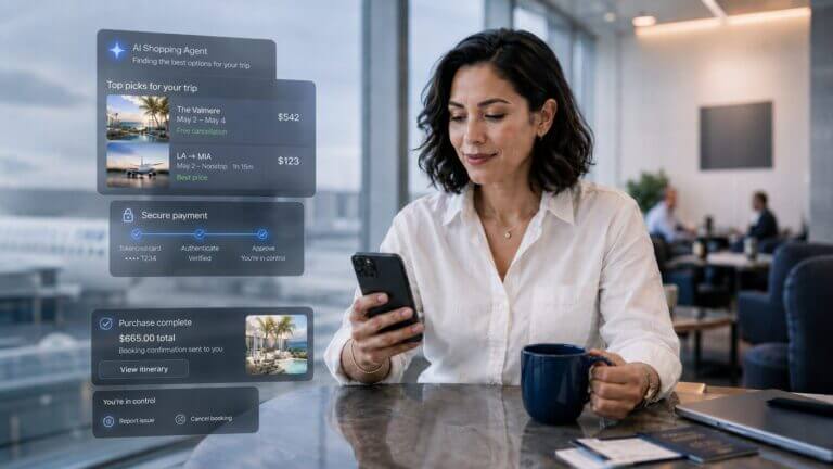 Mujer en un lounge consulta su celular mientras un agente de IA compara vuelos, hoteles y completa un pago tokenizado dentro de una experiencia vinculada a Agentic Ready.