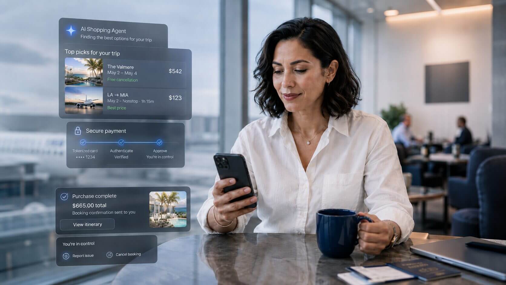Mujer en un lounge consulta su celular mientras un agente de IA compara vuelos, hoteles y completa un pago tokenizado dentro de una experiencia vinculada a Agentic Ready.