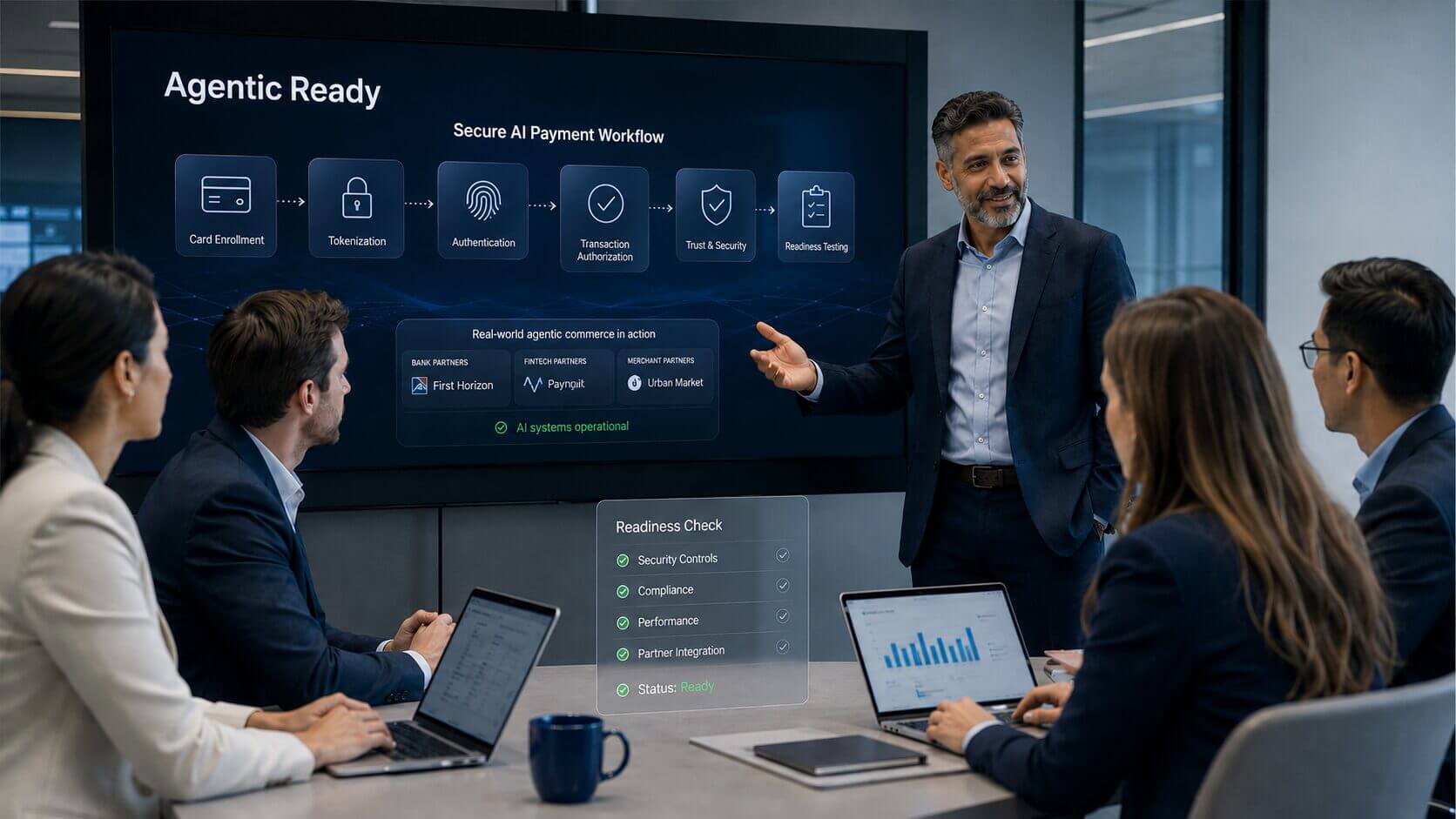 Equipo corporativo analiza en una pantalla un workflow de Agentic Ready para pagos con agentes de IA, con etapas de enrolamiento, tokenización, autenticación, autorización y pruebas de preparación.