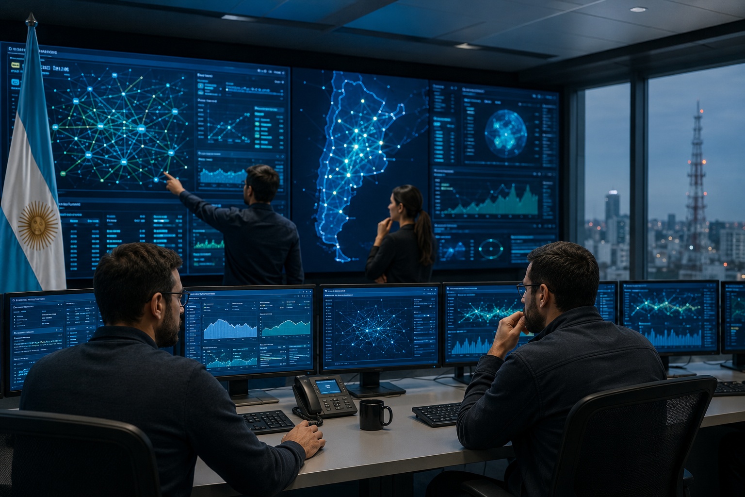 Profesional en un data center observa racks de servidores y una visualización de defensa predictiva con nodos conectados en Argentina.