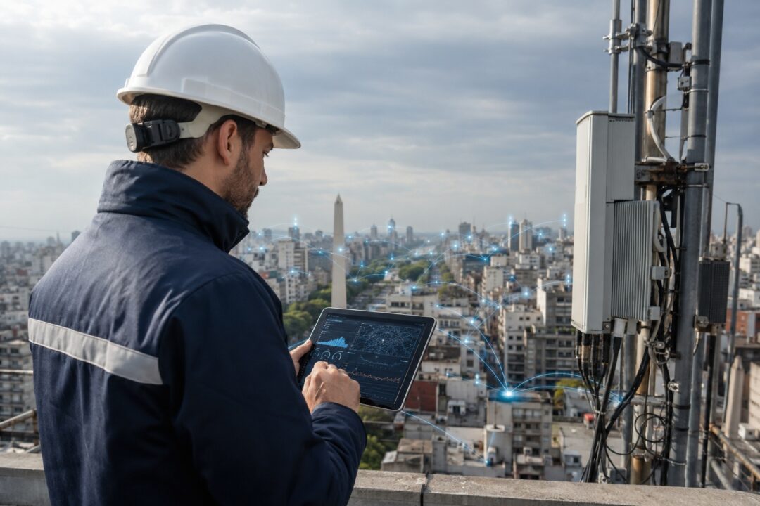 Un técnico de telecomunicaciones revisa una antena urbana con una tablet mientras visualiza datos de defensa predictiva sobre la red.