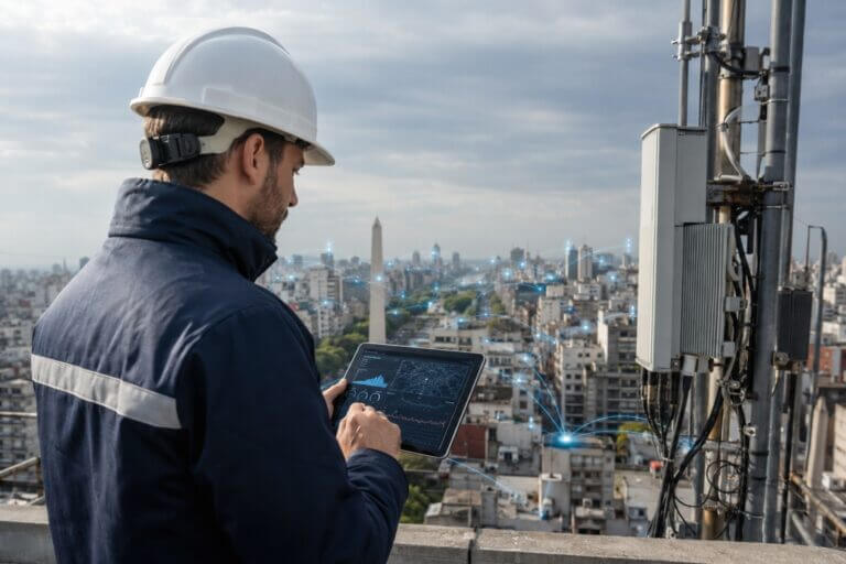 Un técnico de telecomunicaciones revisa una antena urbana con una tablet mientras visualiza datos de defensa predictiva sobre la red.