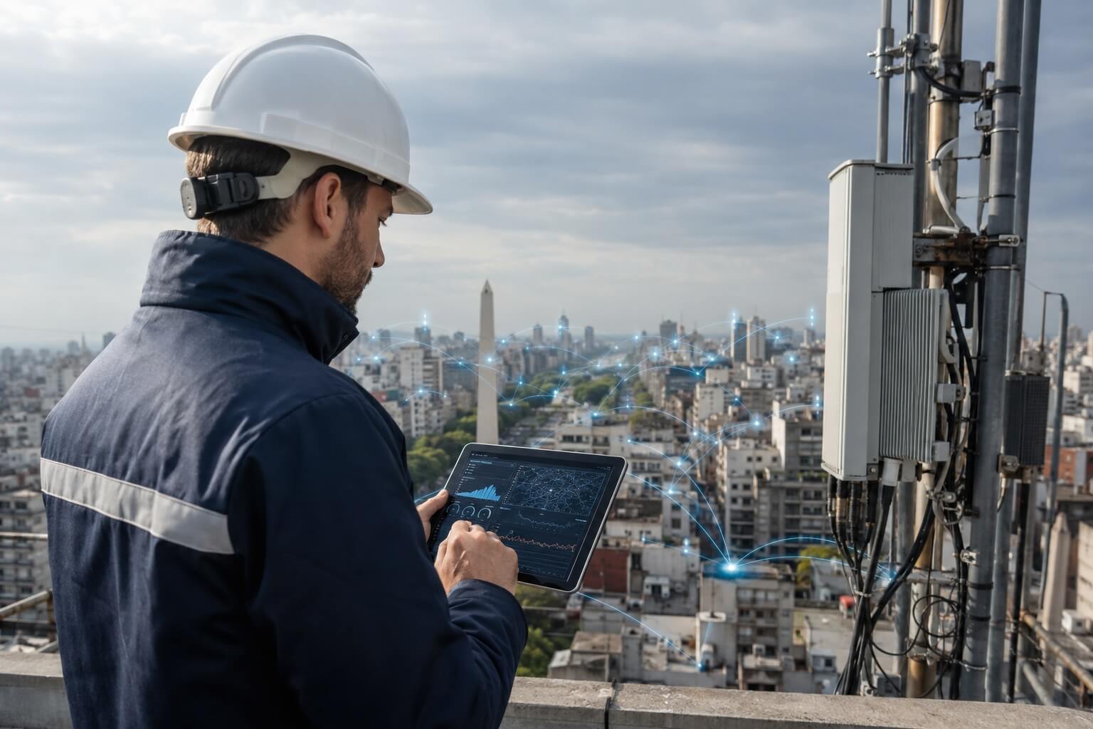 Un técnico de telecomunicaciones revisa una antena urbana con una tablet mientras visualiza datos de defensa predictiva sobre la red.