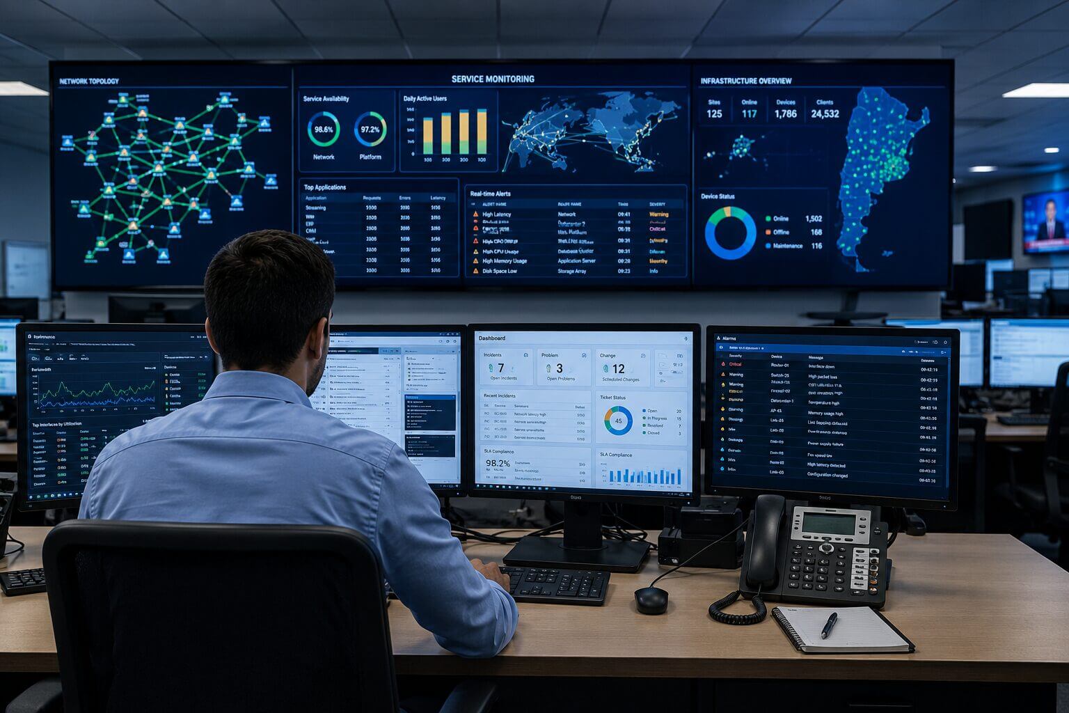 Centro de operaciones de red de una empresa de telecomunicaciones con monitoreo de servicios y datos en tiempo real