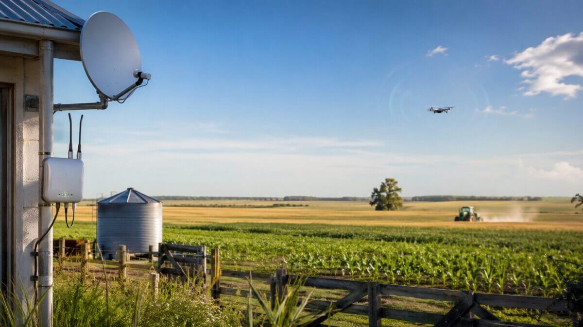 Antena satelital Starlink instalada en establecimiento rural argentino con campo al fondo — conectividad para agricultura de precisión