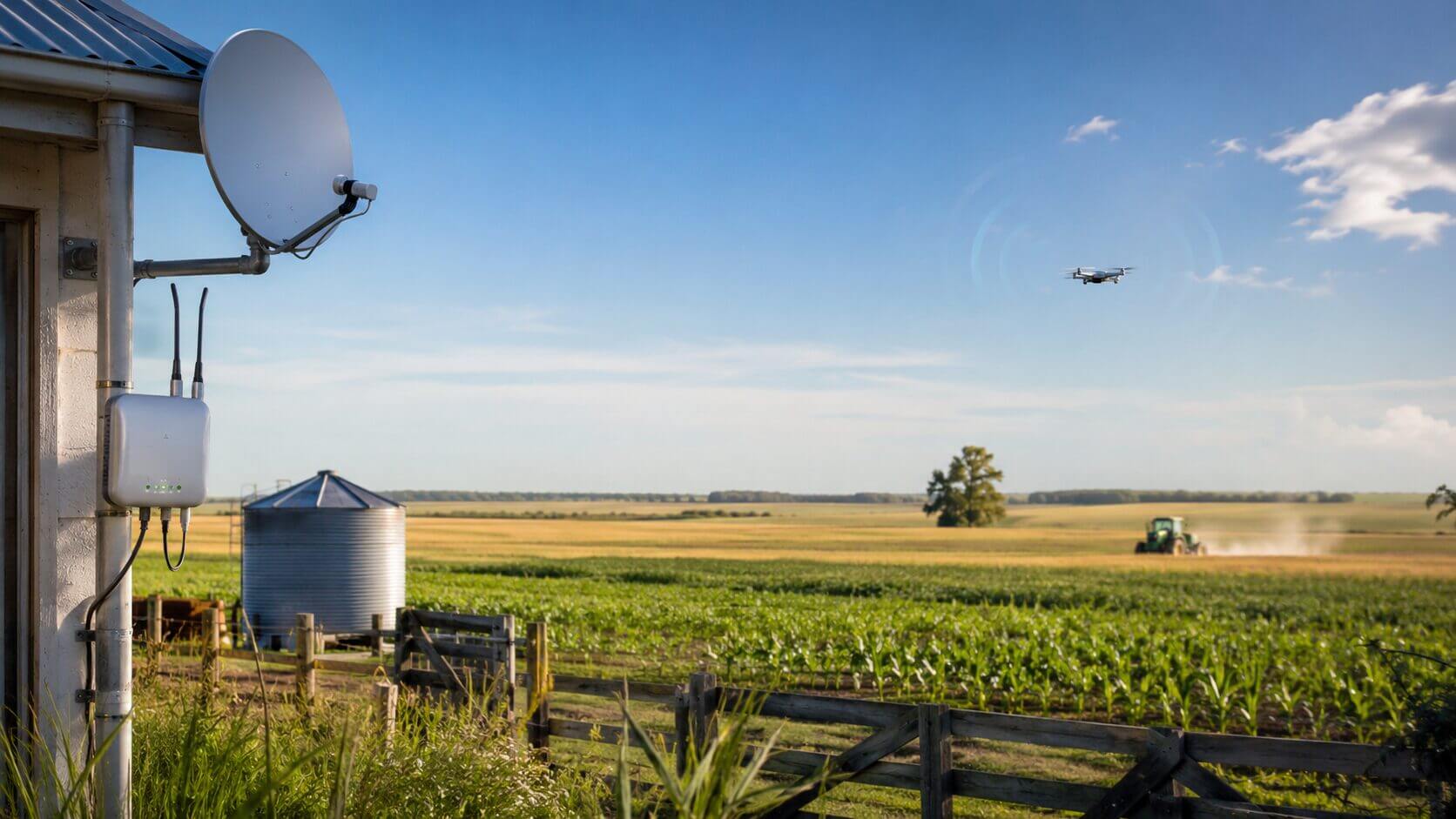 Antena satelital Starlink instalada en establecimiento rural argentino con campo al fondo — conectividad para agricultura de precisión