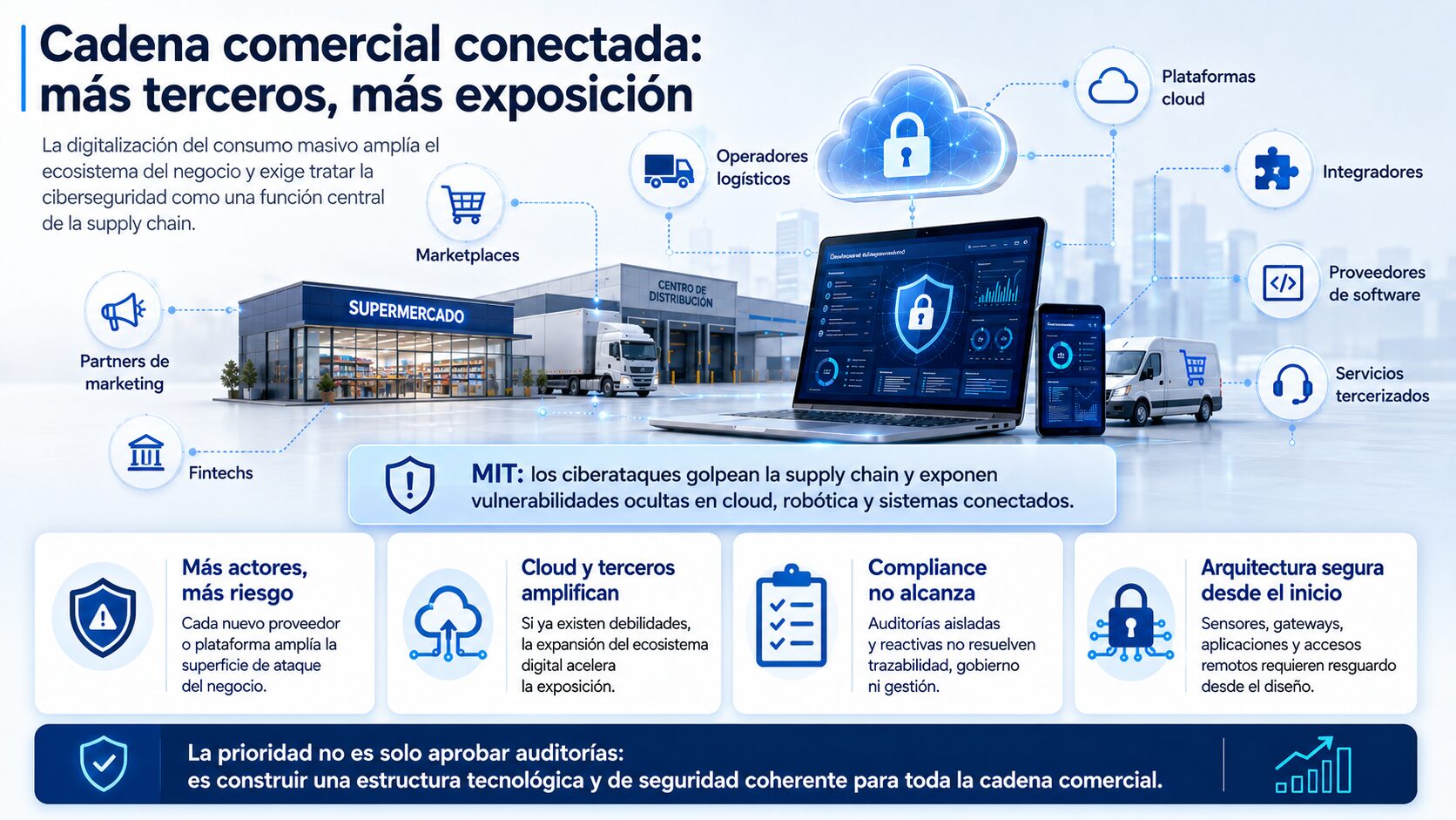 Infografía sobre ciberseguridad en consumo masivo con supermercado, centro de distribución, nube, marketplaces, fintechs y proveedores externos como puntos de exposición.