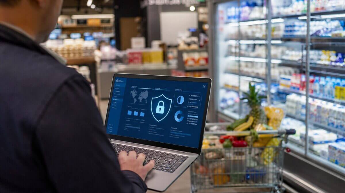 Persona con laptop en supermercado y panel de seguridad digital sobre ciberseguridad en consumo masivo.