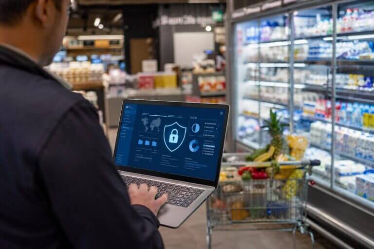 Persona con laptop en supermercado y panel de seguridad digital sobre ciberseguridad en consumo masivo.