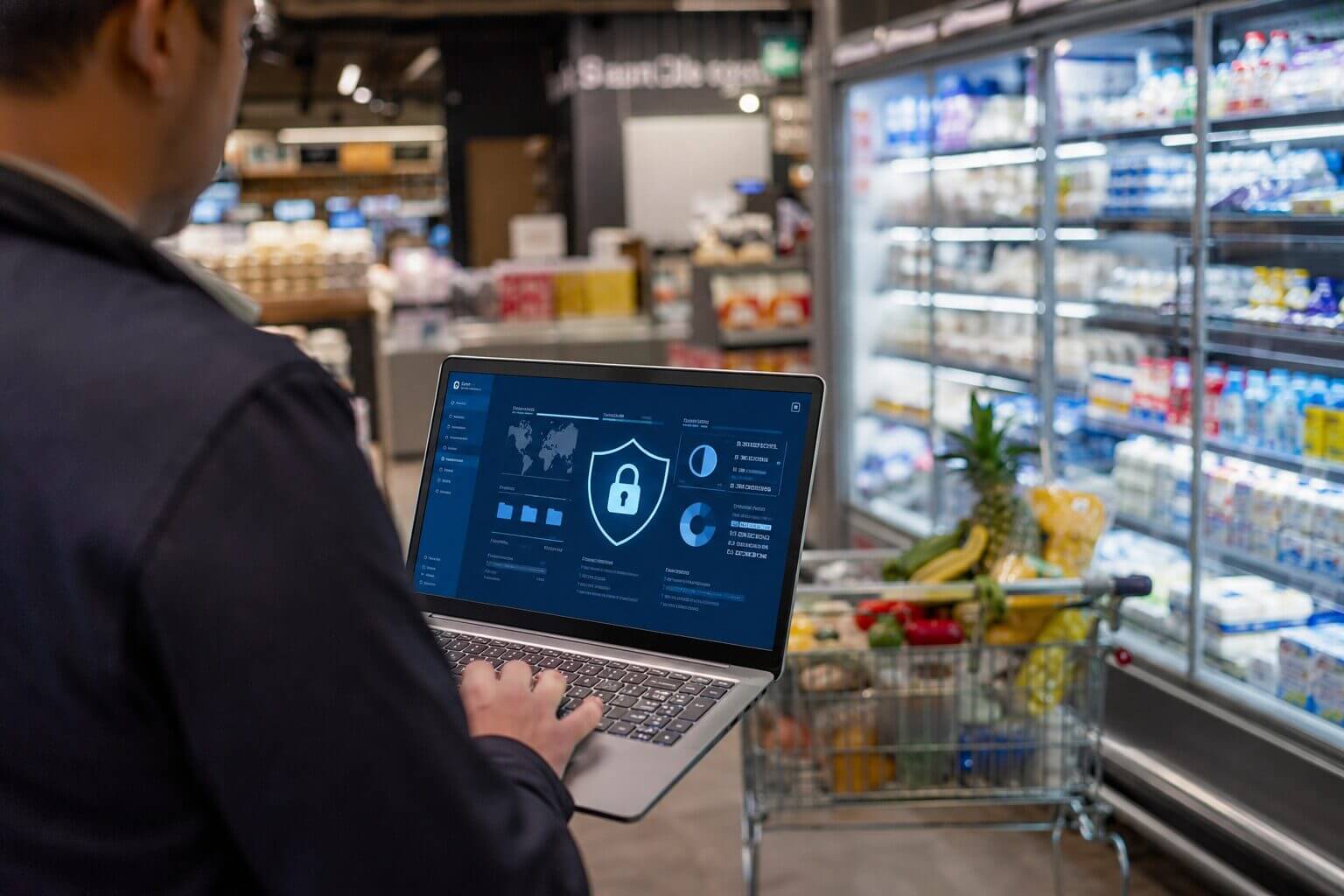 Persona con laptop en supermercado y panel de seguridad digital sobre ciberseguridad en consumo masivo.
