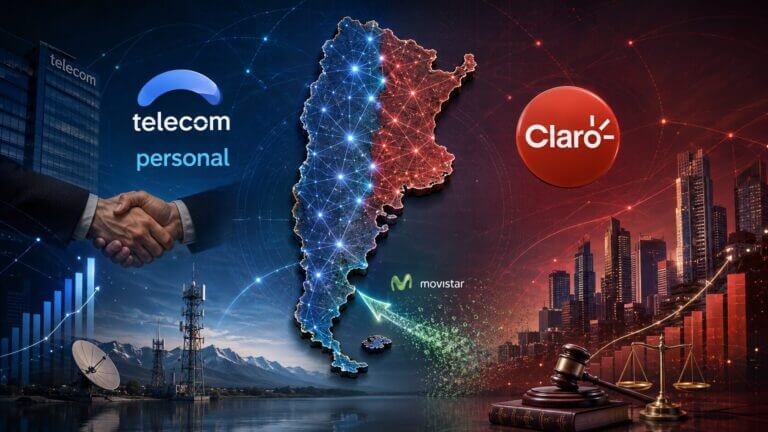 Ilustración digital del mapa de Argentina dividido entre Telecom-Personal y Claro, con redes de conectividad, antenas, gráficos de crecimiento y símbolos regulatorios.