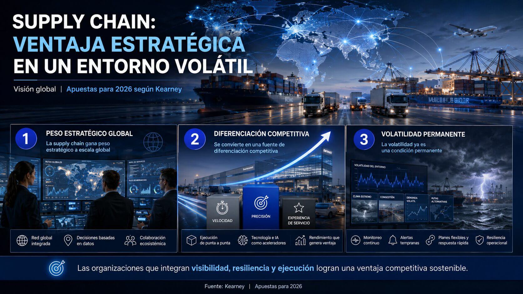 Infografía sobre IA y visibilidad en supply chain, con datos de Deloitte sobre adopción del 30%, proyección del 41% y retorno esperado del 59%; recurso visual sobre software logistico.