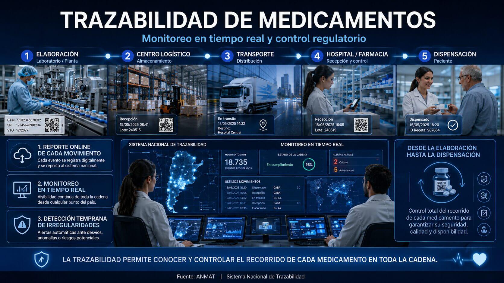 Infografía sobre trazabilidad de medicamentos, con etapas desde elaboración hasta dispensación, reportes online, monitoreo en tiempo real y detección temprana de irregularidades mediante software logistico.