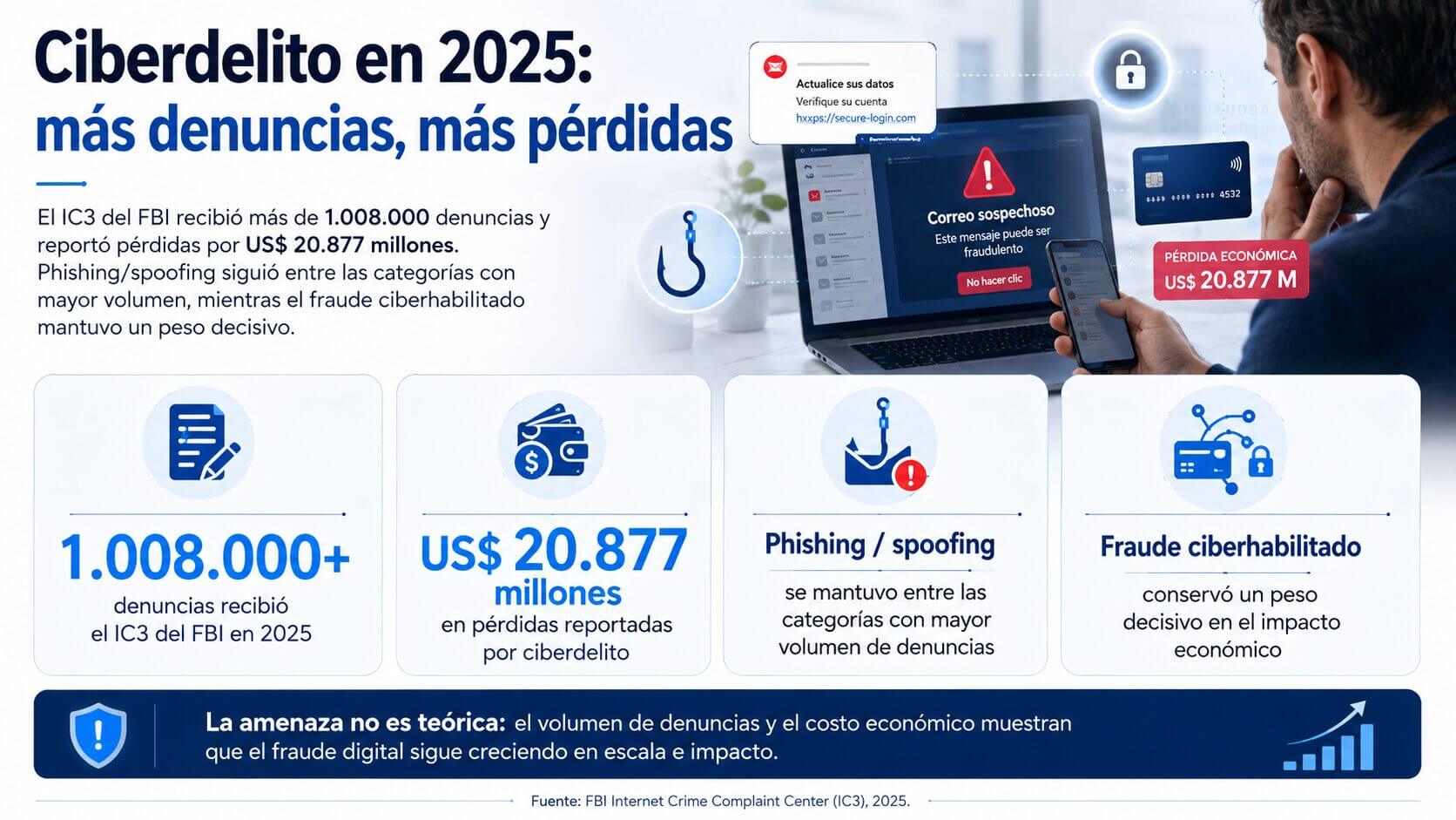 Infografía de ciberseguridad en consumo masivo con datos del IC3 del FBI sobre denuncias, pérdidas económicas, phishing y fraude ciberhabilitado en 2025.