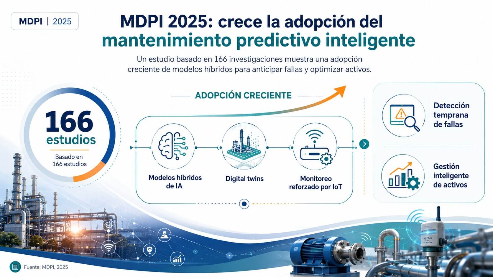 Infografía de MDPI 2025 sobre mantenimiento predictivo en industria pesada, con 166 estudios sobre IA híbrida, digital twins e IoT para detectar fallas.