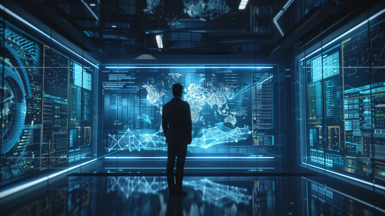 CIO observa paneles digitales con datos, mapas y sistemas de monitoreo, en una imagen que representa los desafíos CIO 2026 vinculados con IA, nube y ciberseguridad.