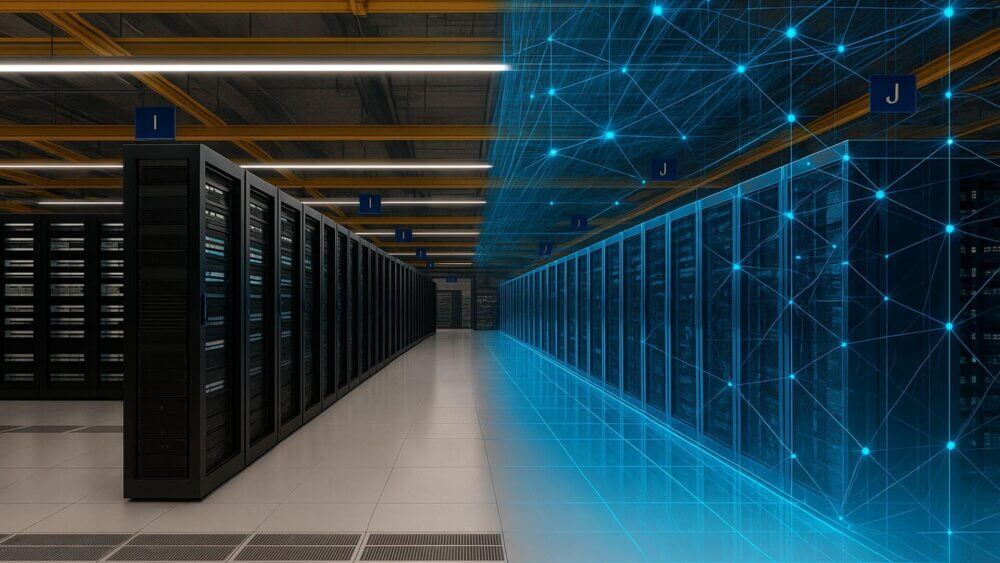 Pasillo de servidores con una capa digital azul que representa un gemelo digital en data centers para monitoreo e IA.