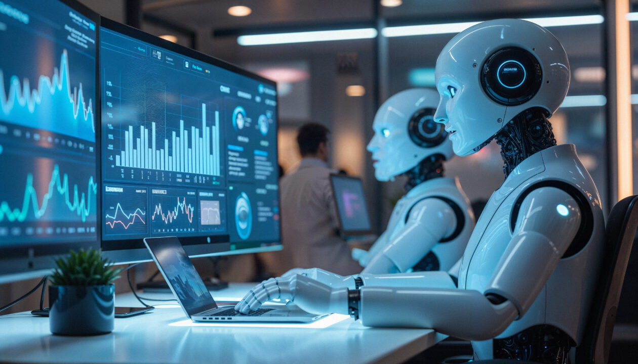 Robots humanoides observan dashboards con métricas empresariales, ilustrando el uso de agentes de IA para interpretar datos y activar decisiones.