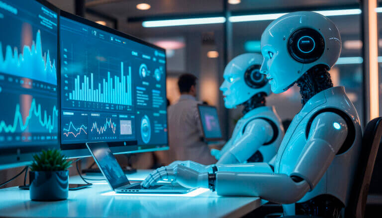 Robots humanoides observan dashboards con métricas empresariales, ilustrando el uso de agentes de IA para interpretar datos y activar decisiones.
