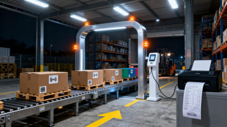 Paquetes con etiquetas RFID avanzan por una cinta transportadora en un centro logístico con sensores de lectura automática.