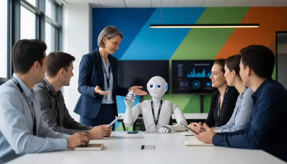 Equipo de consultoría reunido con un robot que simboliza el uso de plataformas multiagente en workflows internos.