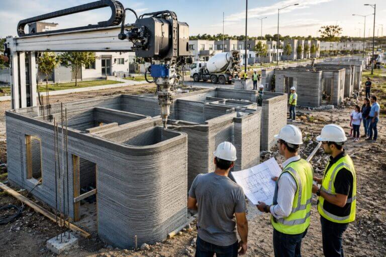 Robot de impresión 3D en construcción levanta muros de concreto mientras operarios supervisan el avance de una vivienda.