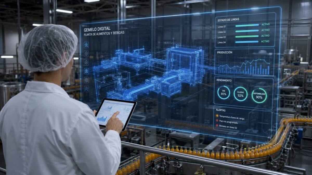 Operario frente a una planta de bebidas con un panel virtual de gemelos digitales en alimentos y bebidas, datos de producción, rendimiento y alertas de línea.