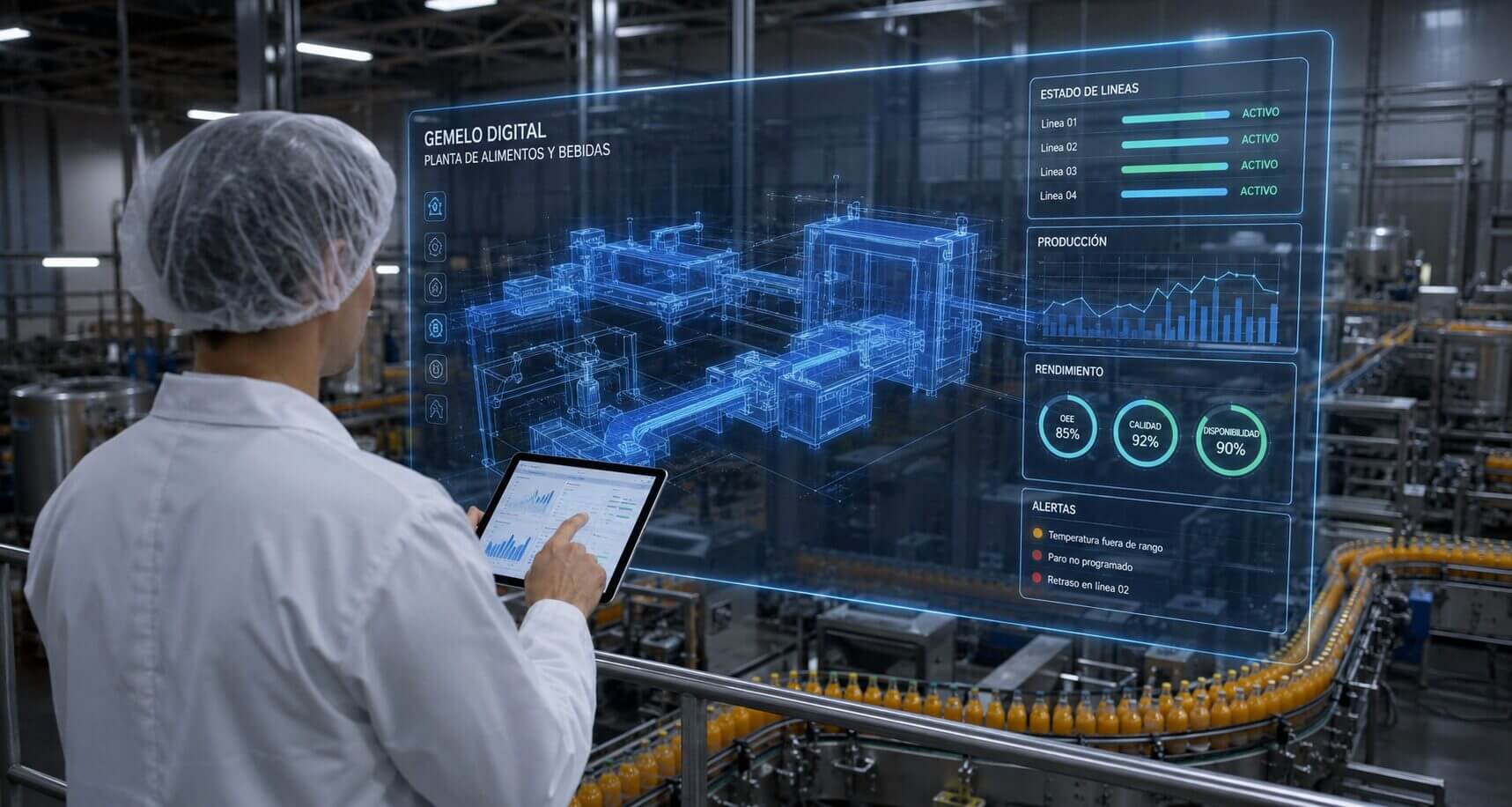 Operario frente a una planta de bebidas con un panel virtual de gemelos digitales en alimentos y bebidas, datos de producción, rendimiento y alertas de línea.