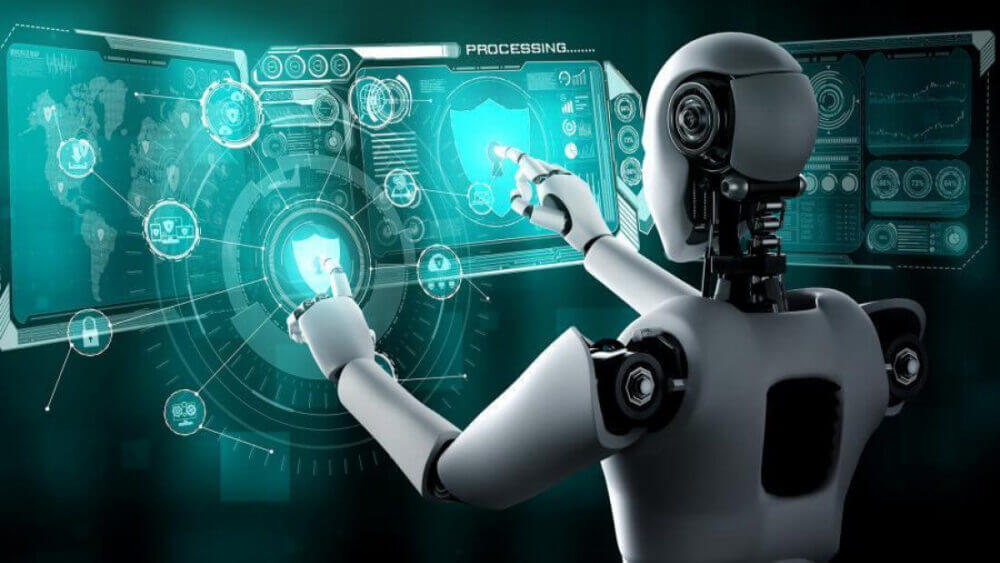 Robot interactúa con paneles digitales que representan plataformas multiagente para automatizar workflows en consultoría.