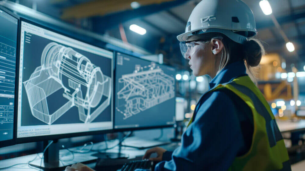 Ingeniera con casco revisa modelos 3D en pantallas para aplicar simulación industrial a procesos de automatización.