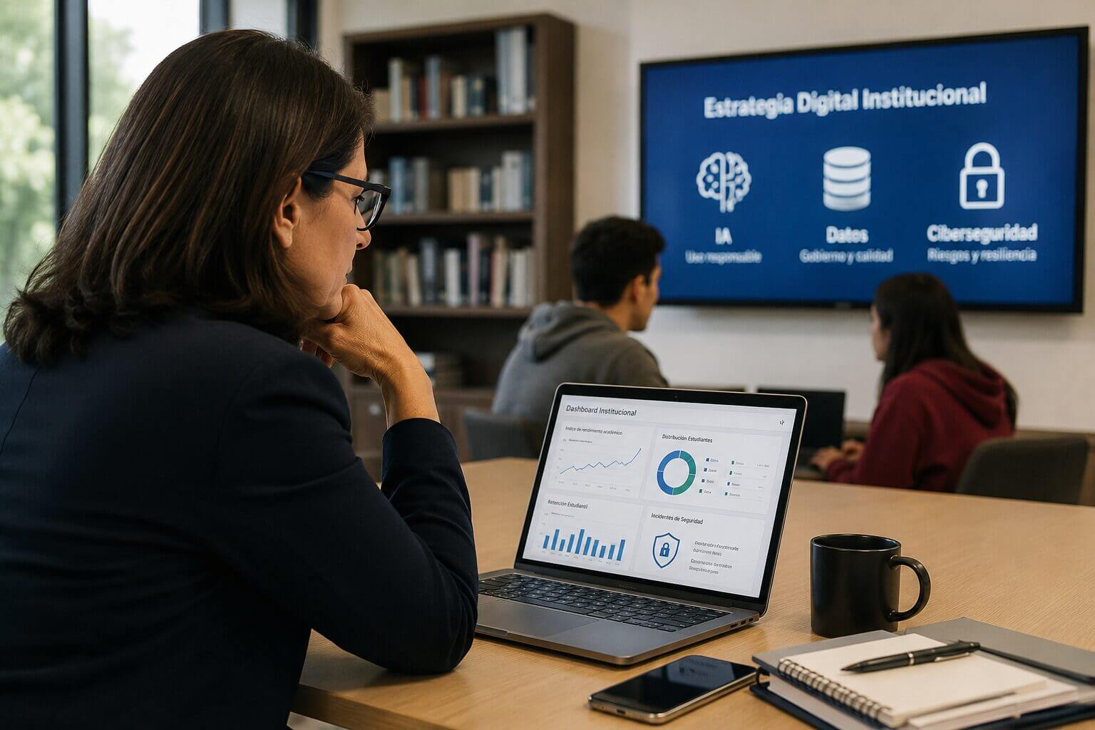 CIO en educación analiza un dashboard institucional en una sala de reuniones, con una pantalla sobre estrategia digital, IA, datos y ciberseguridad.