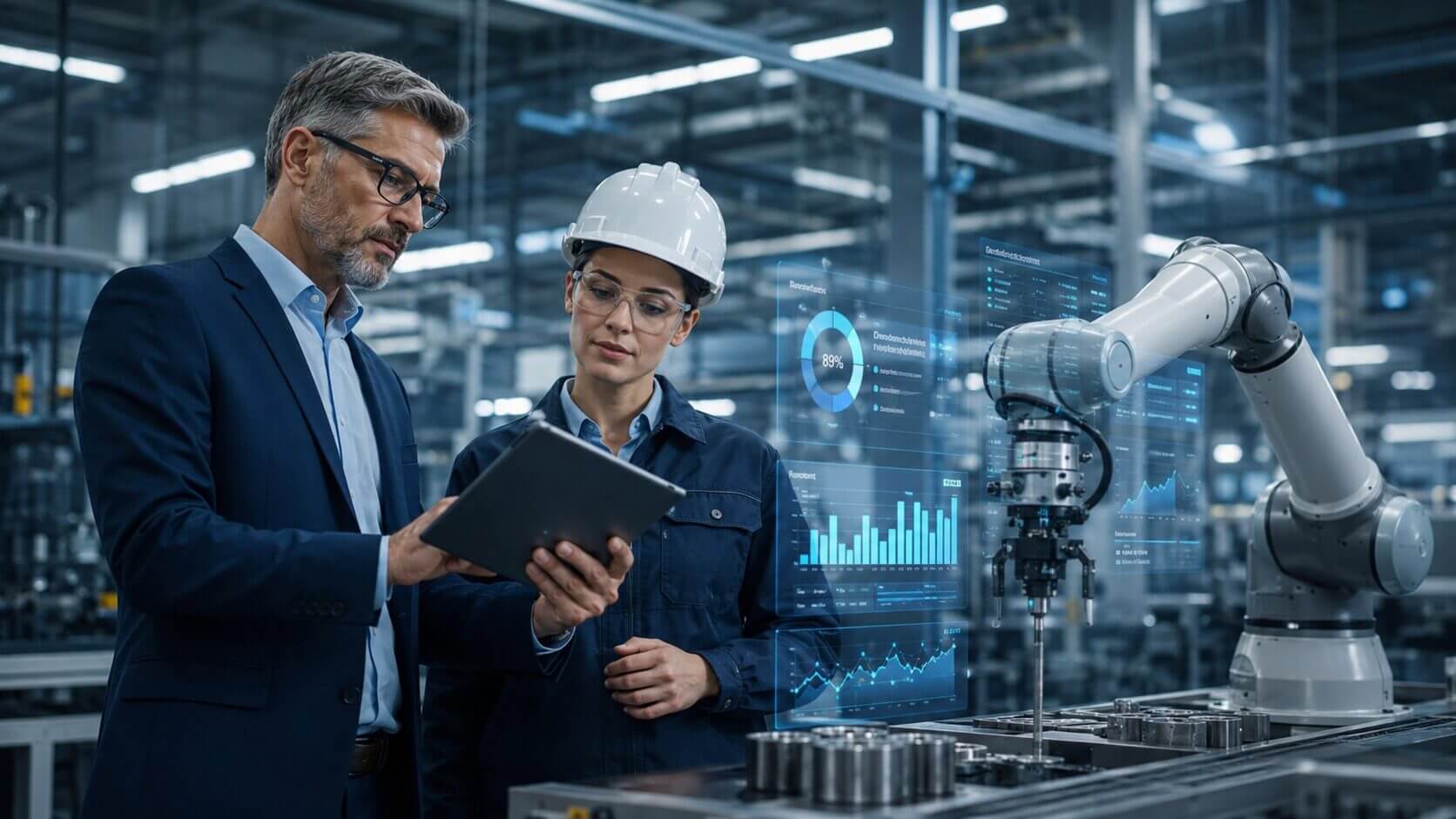 CIO industrial y una ingeniera revisan un tablero digital en una fábrica inteligente con brazo robótico y analítica de producción.