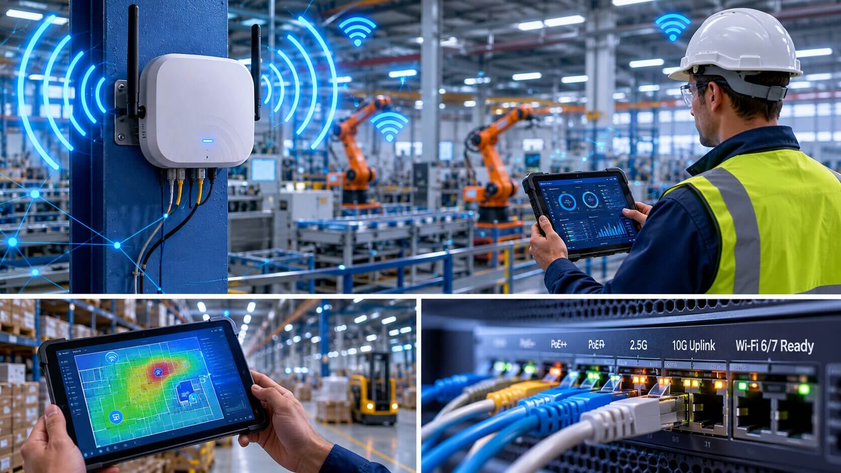 Un robot industrial paletiza cajas junto a un panel HMI, reflejando cómo la conectividad, el control y la automatización sostienen operaciones logísticas modernas.