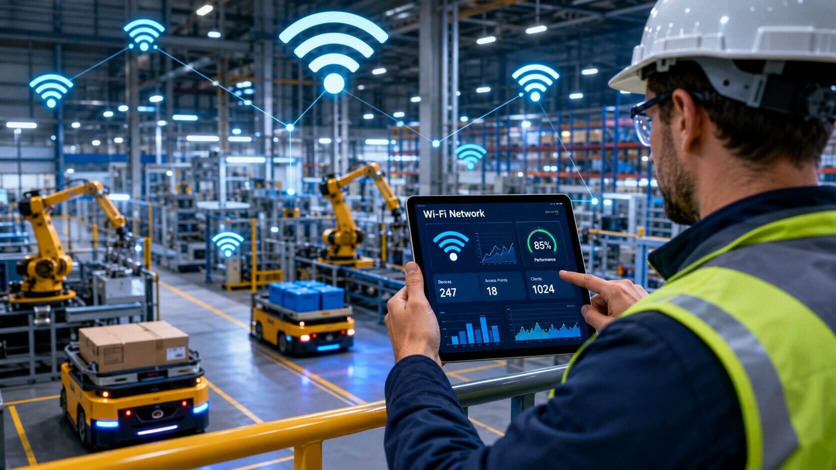 Operario observa brazos robóticos industriales en una planta automatizada mientras sostiene una terminal rugged de control.