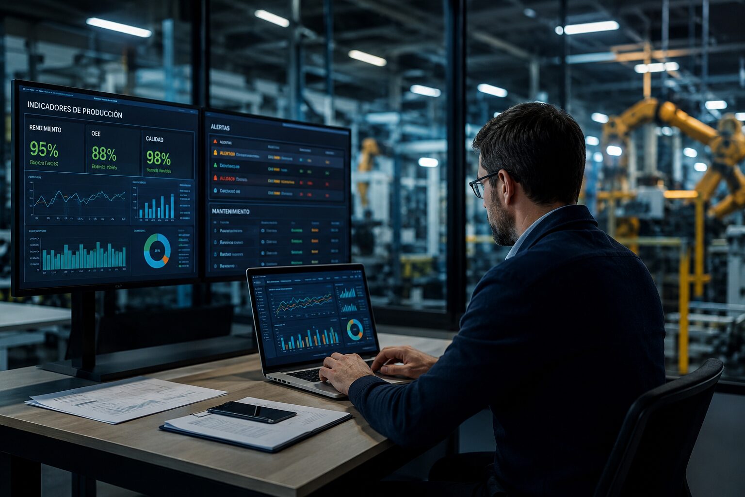 CIO industrial analiza indicadores de producción en una sala de control conectada a una fábrica inteligente con robots y tableros digitales.