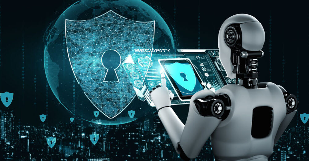 Robot analiza una interfaz digital con escudos de ciberseguridad, en referencia al uso de AI-ready data en banca para proteger modelos y decisiones financieras.