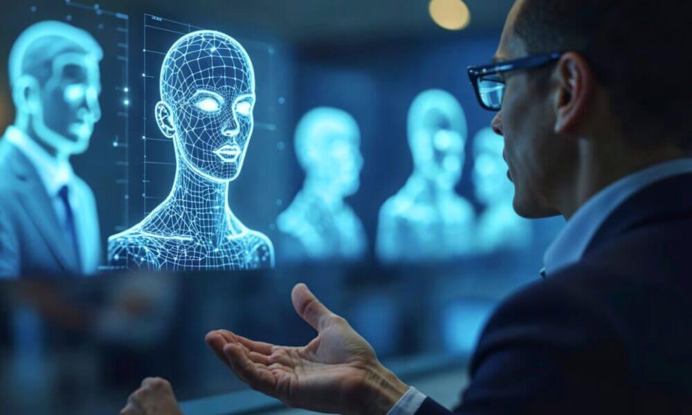 Profesional observa representaciones digitales de agentes de IA en una plataforma multiagente aplicada a consultoría.