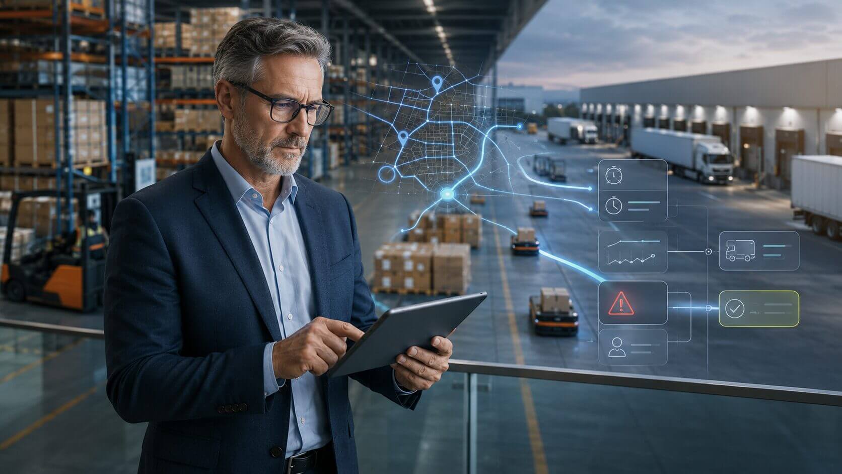 CIO analiza en una tablet un centro logístico con rutas digitales, alertas operativas y paneles de control, en una escena sobre IA agéntica en logística.