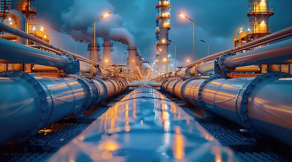 Ductos y torres de una refinería iluminada, donde el control avanzado de procesos ayuda a optimizar energía y estabilidad operativa.