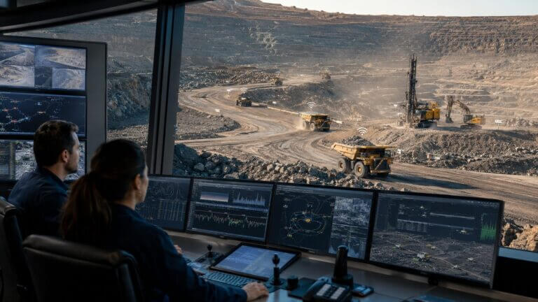 Dos operadores supervisan una operación de minería autónoma desde un centro de control remoto con pantallas de datos, cámaras y camiones mineros en una mina a cielo abierto.