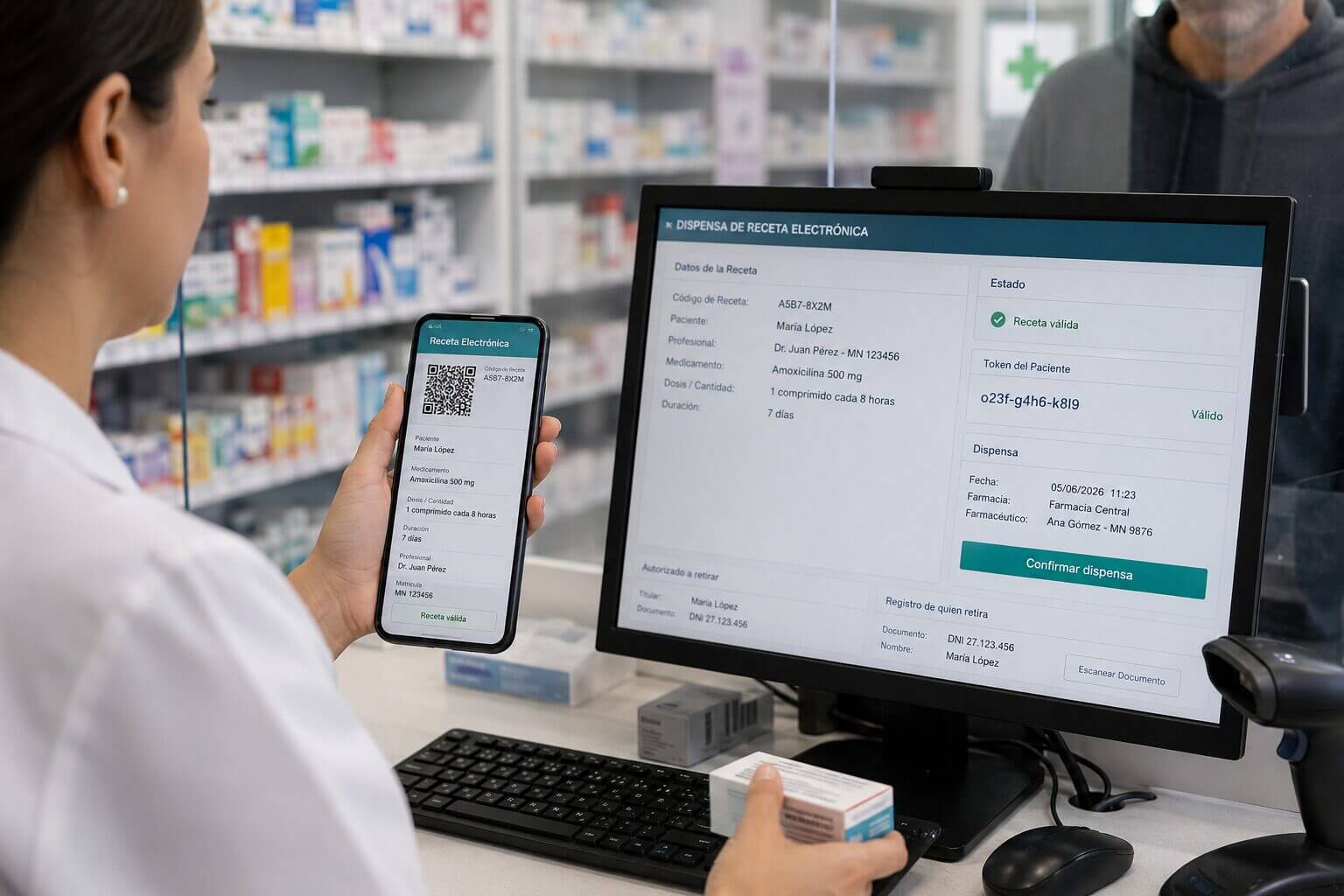 Farmacéutica valida una receta electrónica desde un sistema digital mientras registra la dispensa de medicamentos, en un proceso de salud digital con trazabilidad e interoperabilidad de datos.