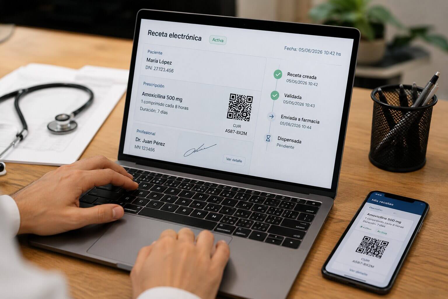 Profesional de la salud gestiona una receta electrónica desde una computadora y un dispositivo móvil, mostrando el proceso digital de prescripción, validación y trazabilidad de medicamentos.