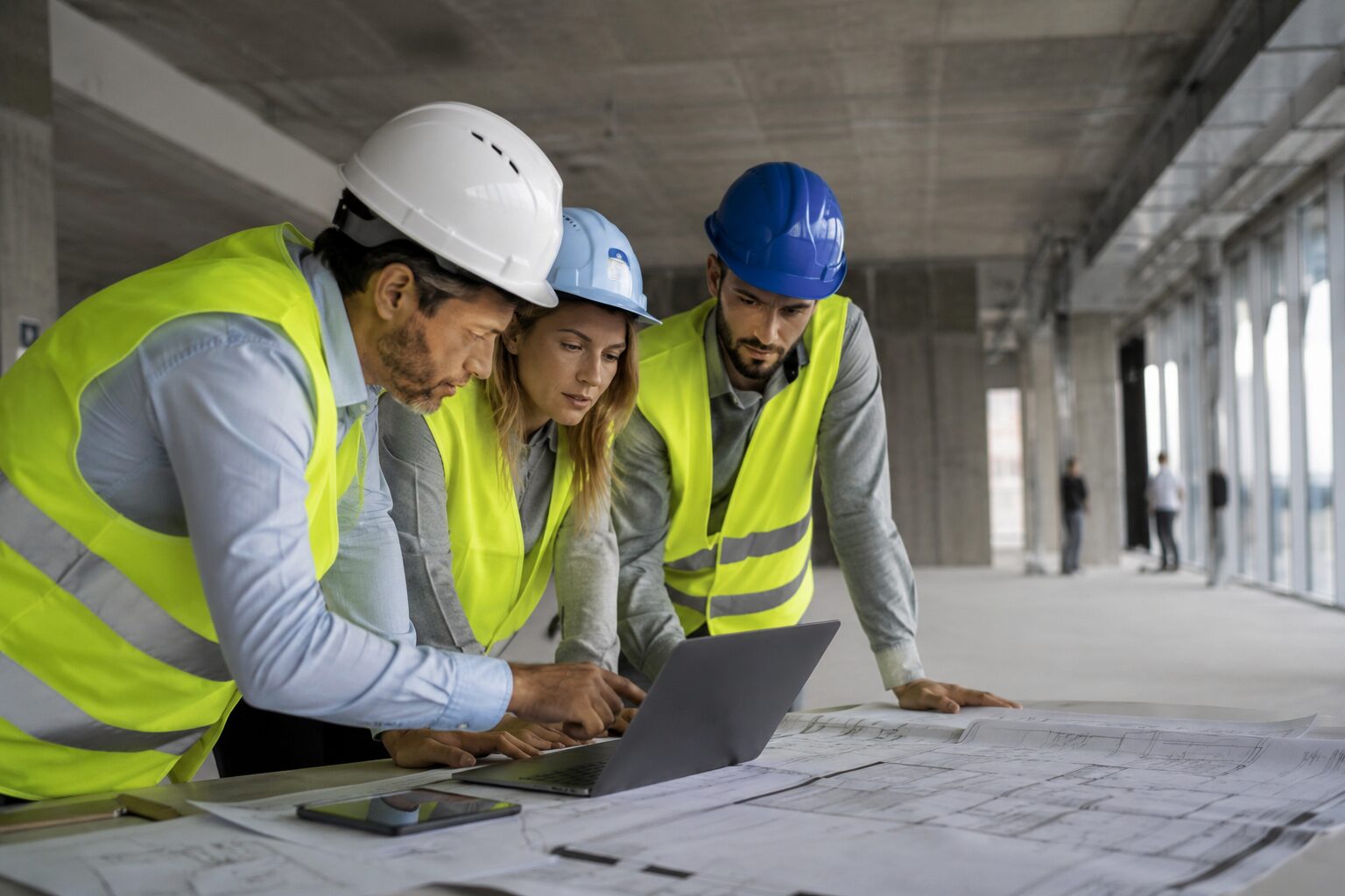Tres profesionales con cascos y chalecos revisan planos y datos en una laptop dentro de una obra, en una escena sobre tecnología en construcción y Real Estate.