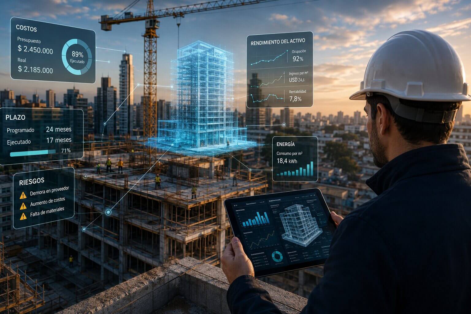 Profesional de obra con casco analiza en una tablet un proyecto inmobiliario con datos de costos, plazos, riesgos y rendimiento del activo, como ejemplo de tecnología en construcción y Real Estate.